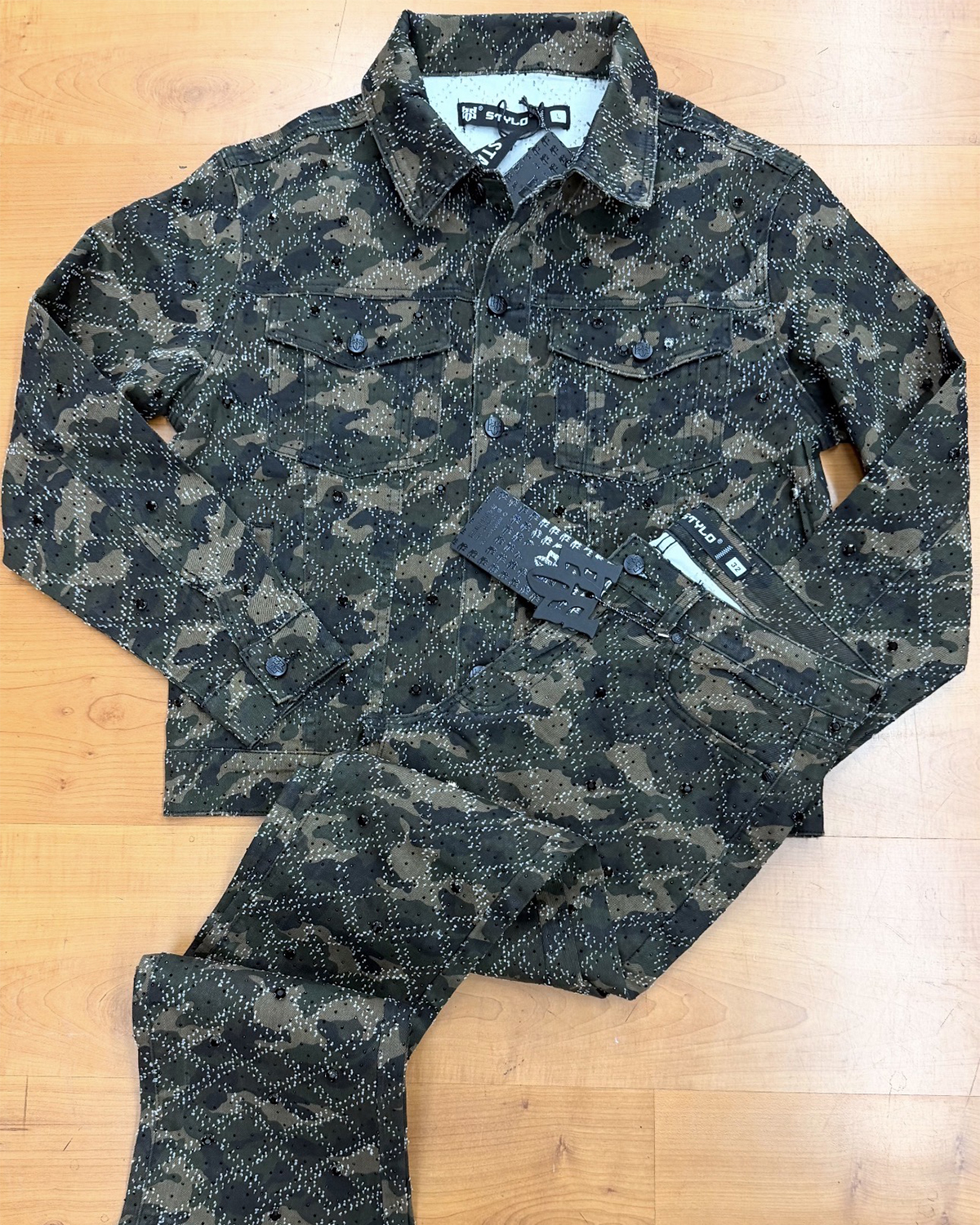 Camo Quilted Studded Denim Set