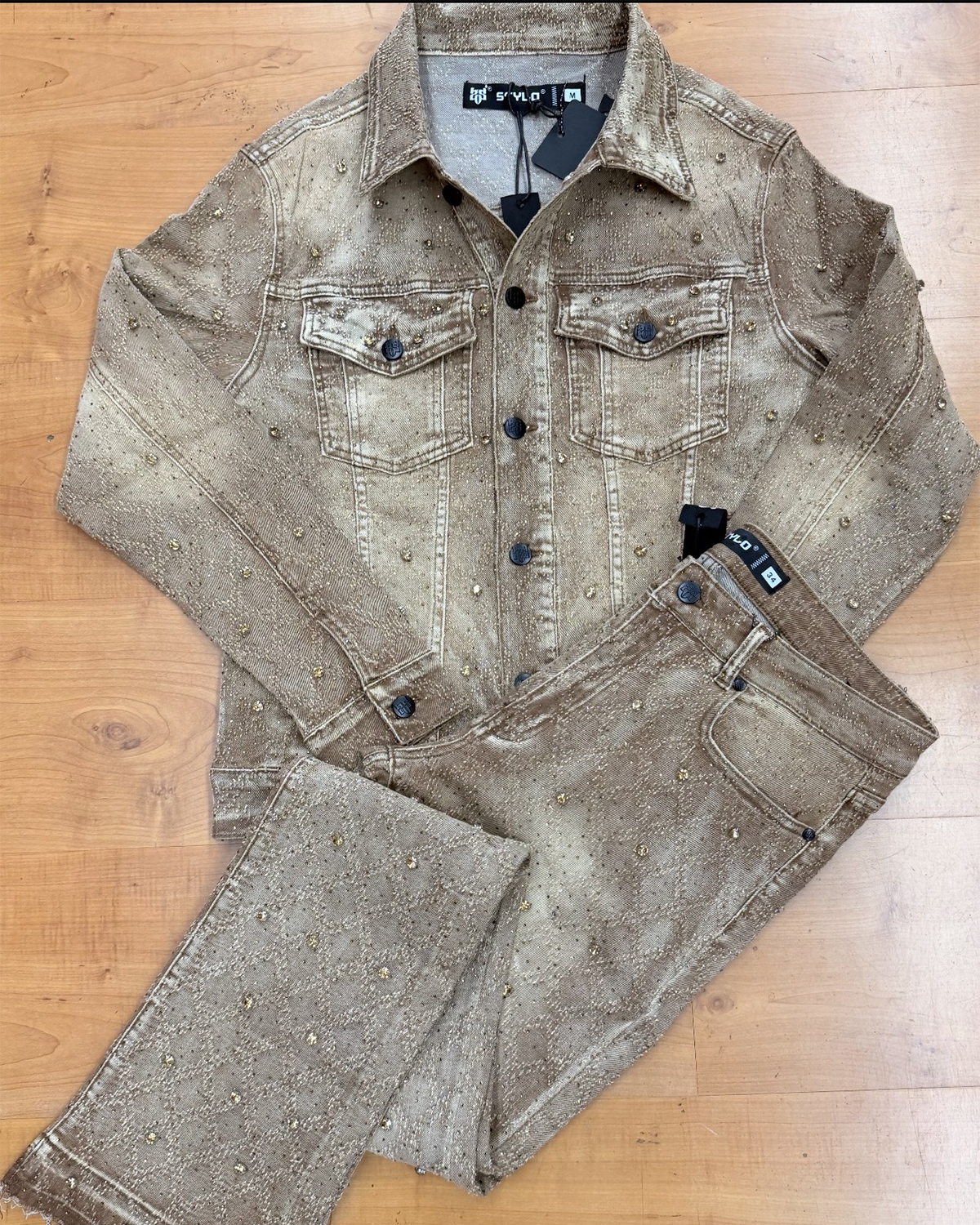 Distressed Metallic Studded Denim Set