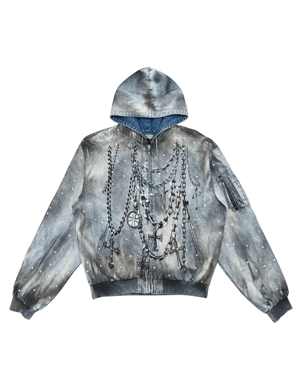 Chain Motif Distressed Zip Hoodie