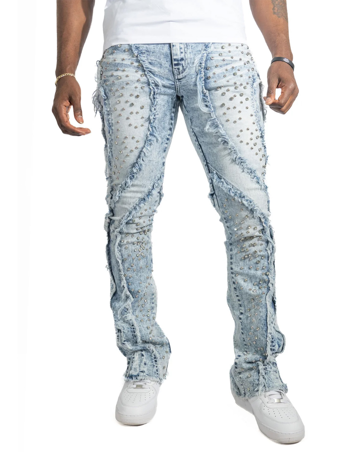 Ice Blue Distressed Studded Denim