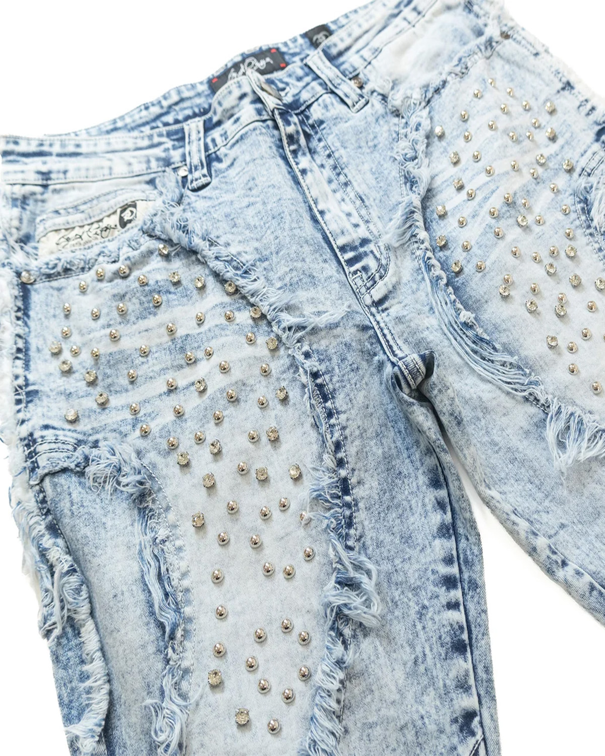 Studded Frayed Patchwork Denim