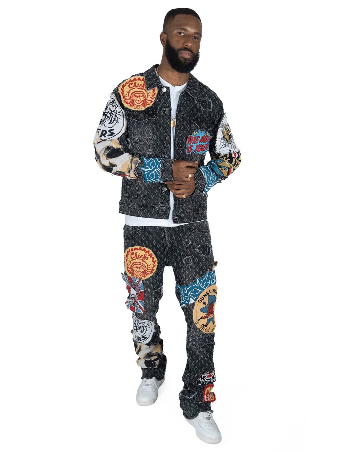 Graphic Patchwork Denim Two-Piece Set