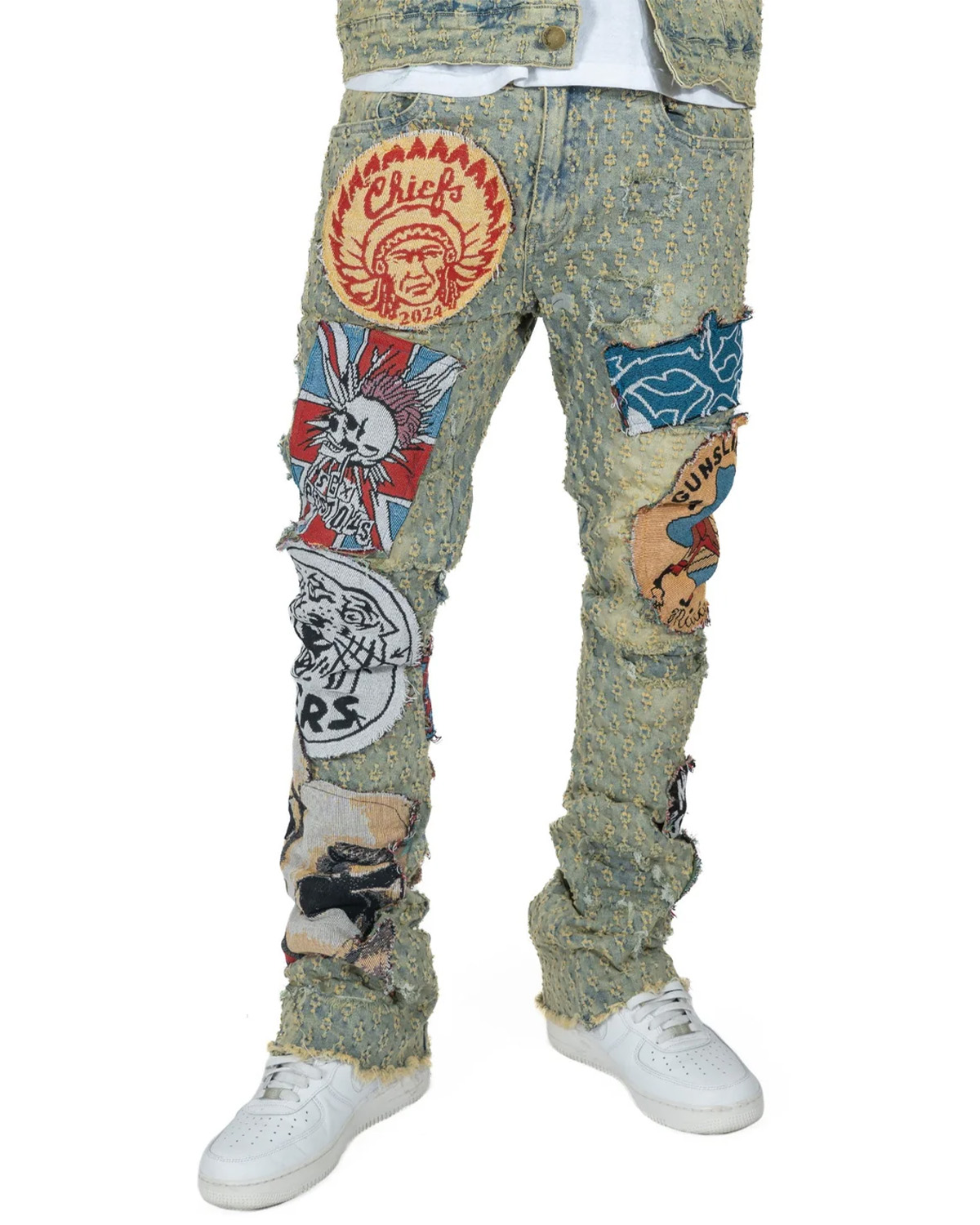Graphic Patchwork Stacked Denim