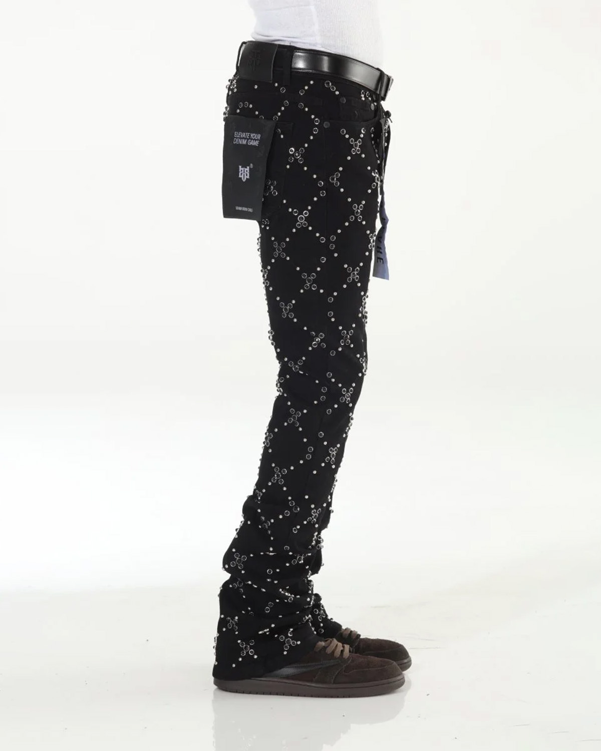 Studded Black Stacked Flare Denim