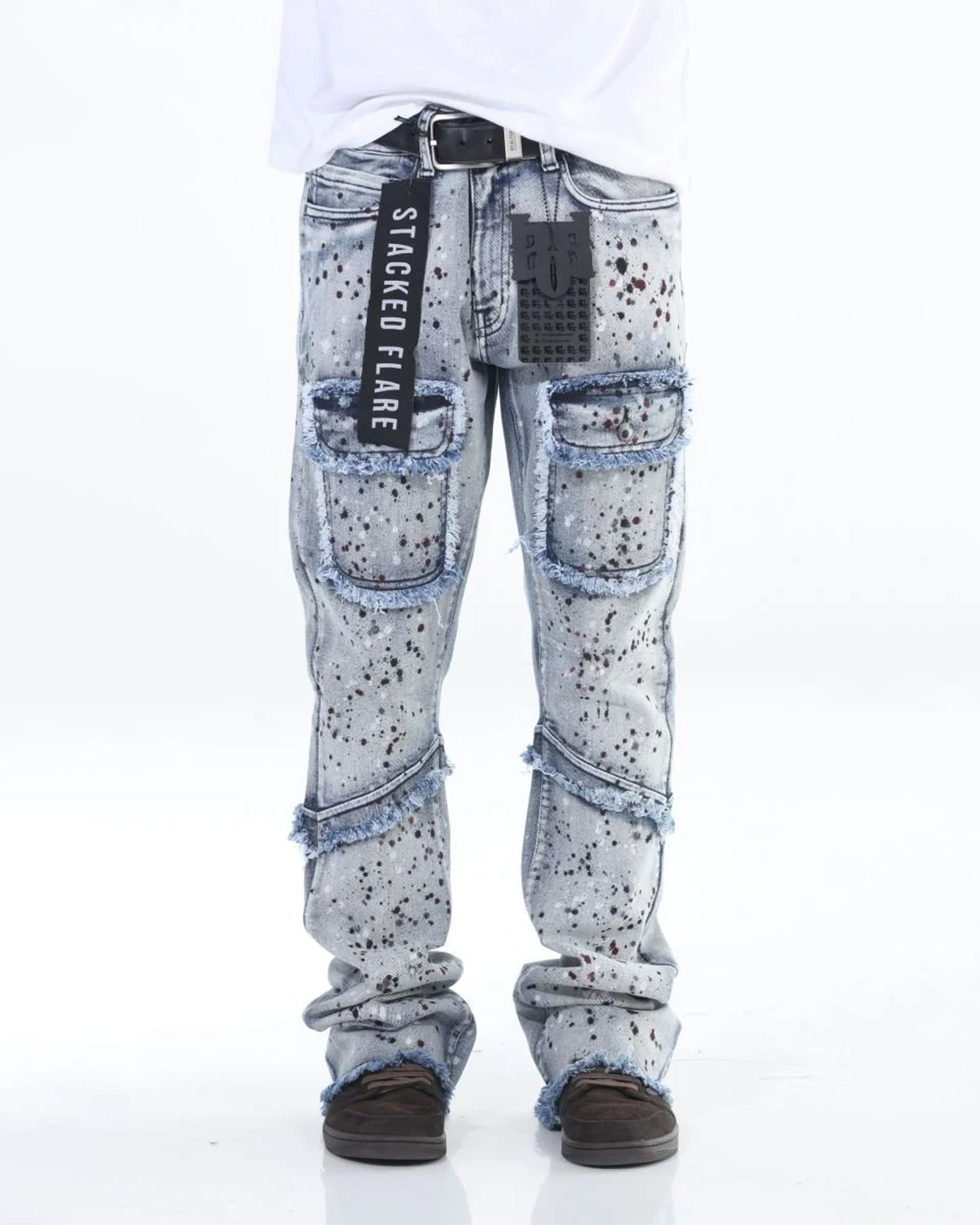 Distressed Paint Splatter Stacked Denim