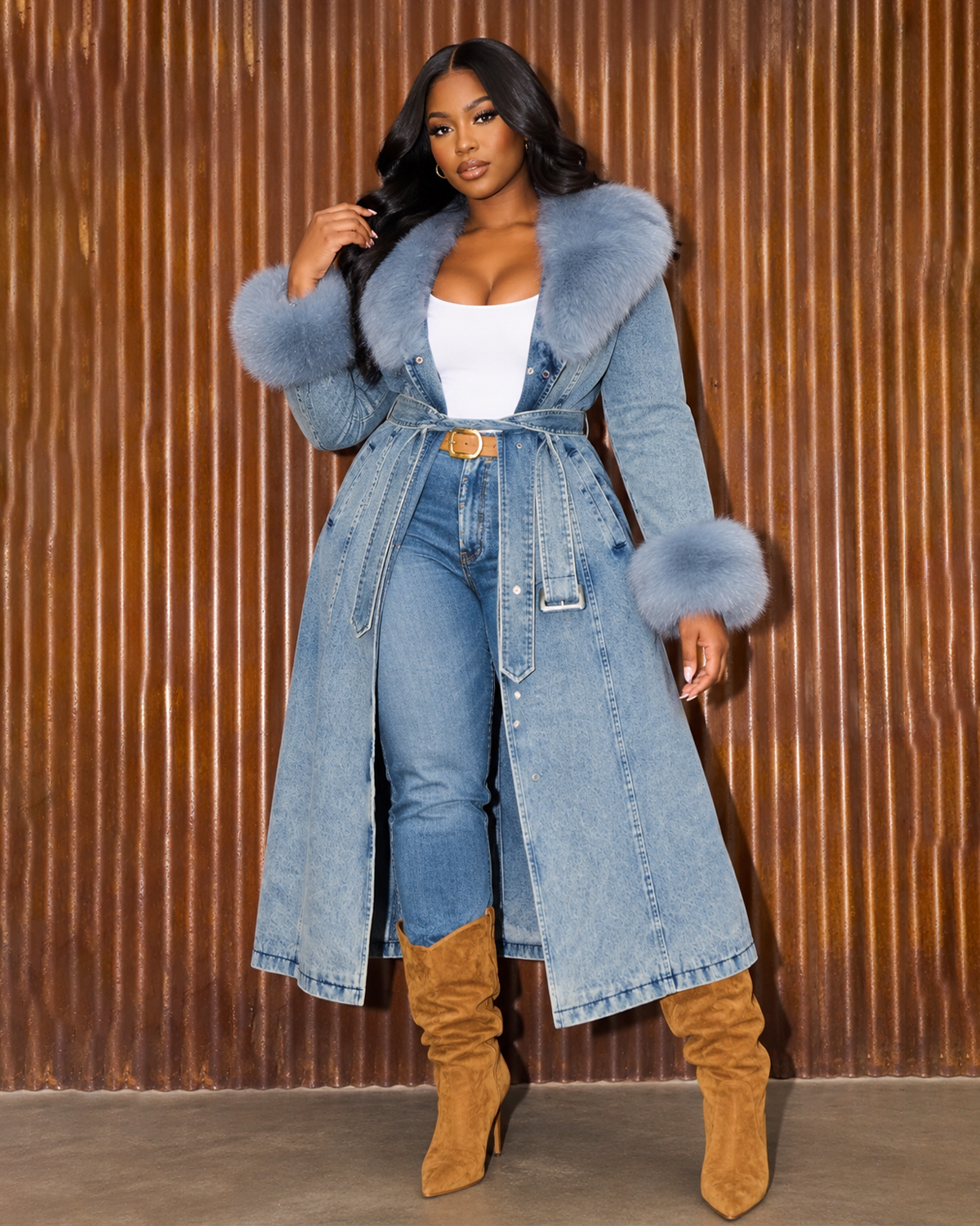 Denim Trench with Fur Trim