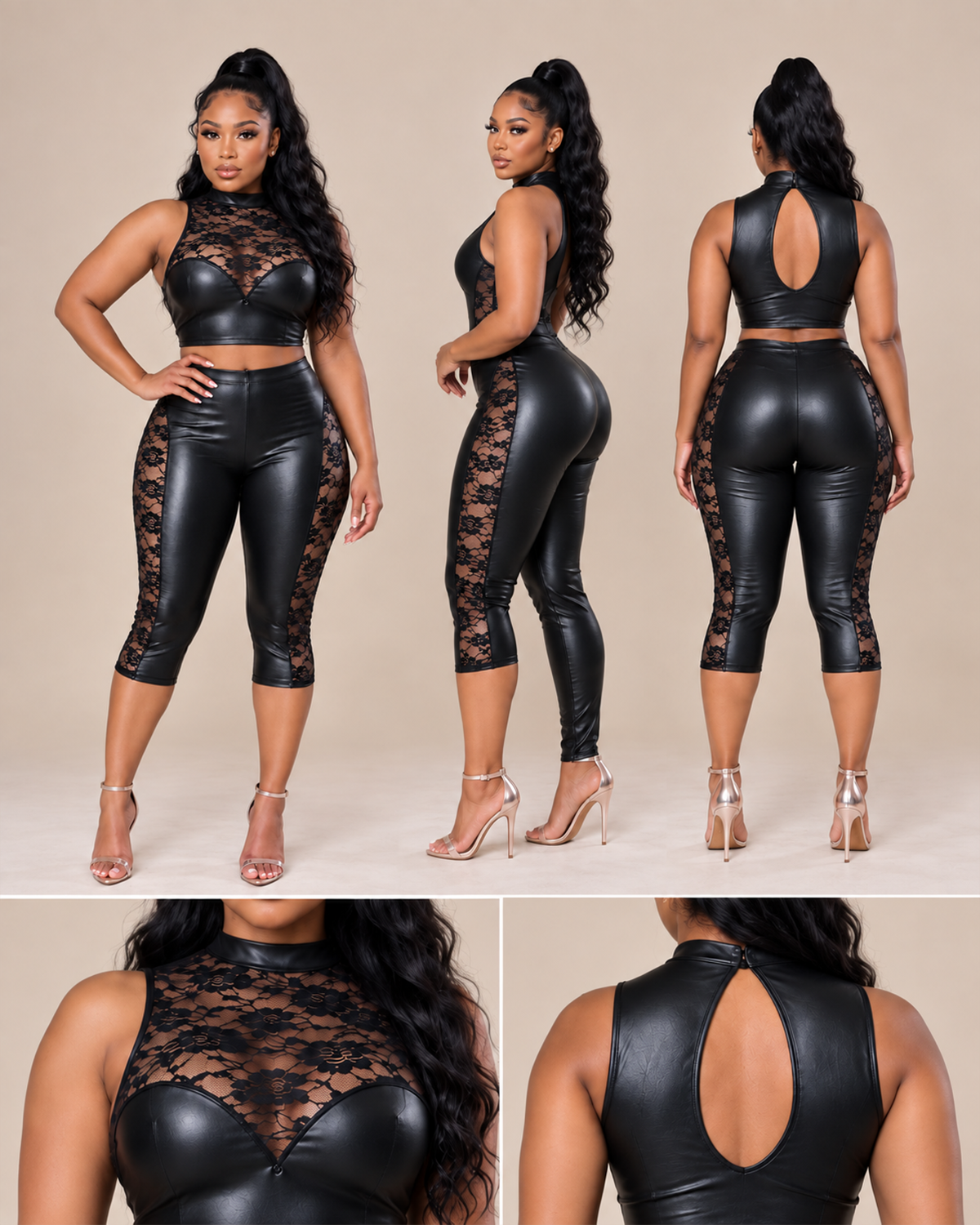 Lace-Paneled Faux Leather Set