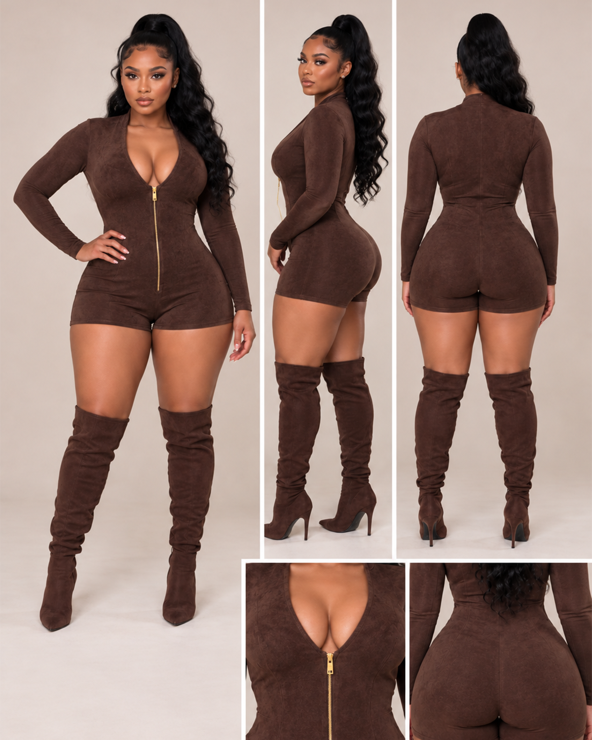 Suede Zip-Front Bodycon Romper