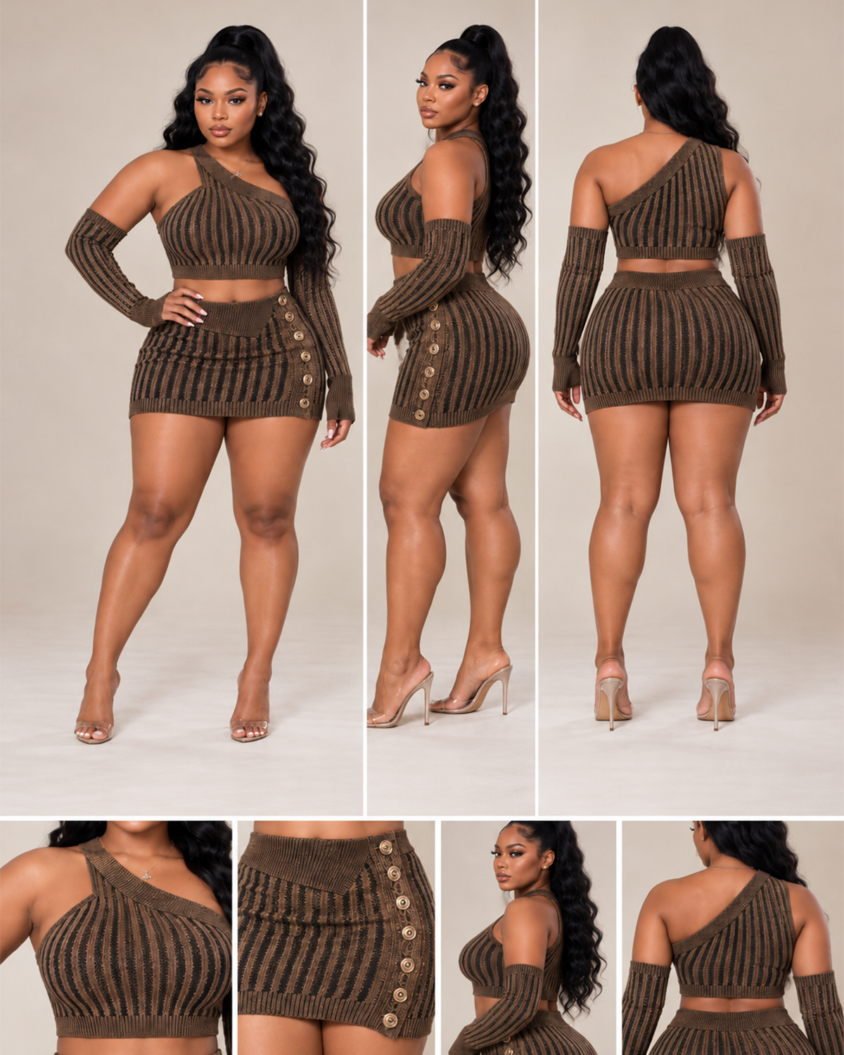Ribbed Knit One-Shoulder Mini Set